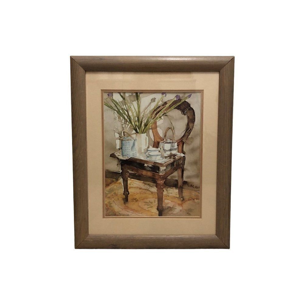 Vintage Tea Tray and Irises by Richard Akerman Watercolor Print Framed